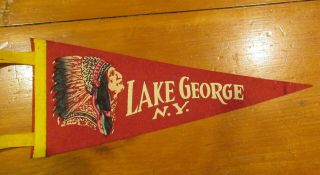 Vintage 1940s Souvenir Red Felt Pennant Lake George Ny Adirondacks 5 " X 12 " Vgc