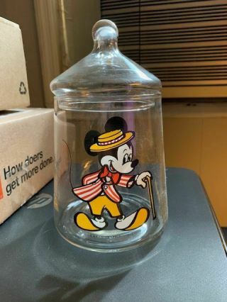 Vintage Walt Disney Mickey Mouse Clear Glass Apothecary Candy Jar W/ Lid L@@k