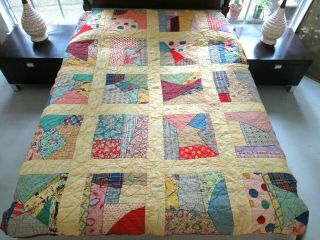 Old Cotton Vintage Feed Sack Hand Sewn Feather Stitch Crazy Quilt,  Full
