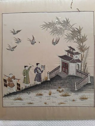 Antique Chinese Silk Embroidered Picture On A Silk Panel