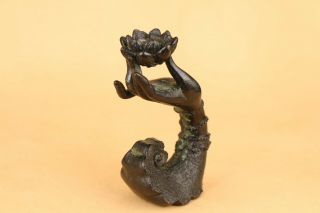 Rare chinese old bronze buddha kwan - yin hand statue incense burner stand 2