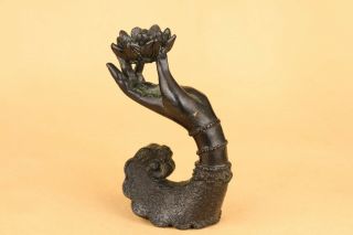 Rare chinese old bronze buddha kwan - yin hand statue incense burner stand 3