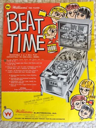 1967 Beatles Beat Time Flyer By Williams Pinball Machine Be Cond