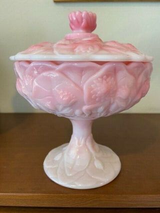 Vtg Fenton Rosalene Pink Slag Glass Water Lily Lidded Candy Dish Compote