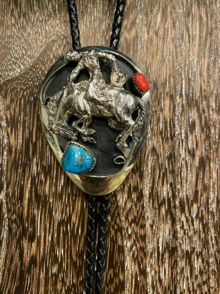Vintage Sterling Silver Bucking Bronc Turquoise And Coral Bolo Tie