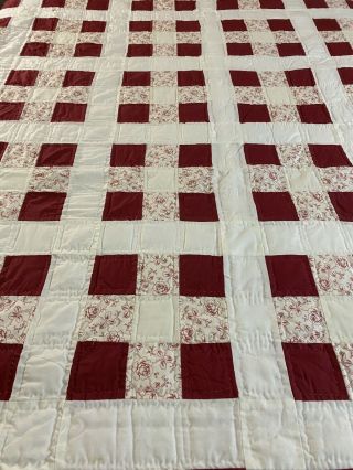 Vintage Handmade Hand Stitched & Quilted Red & White 9 Patch Quilt W Provenance