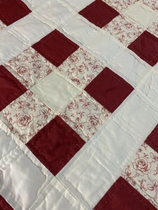 Vintage Handmade Hand Stitched & Quilted Red & White 9 Patch Quilt w Provenance 2