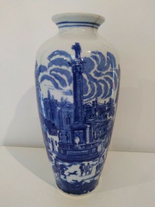 Vintage Chinese Style/shape Blue And White Vase.  European Scene.  Transfer Print.