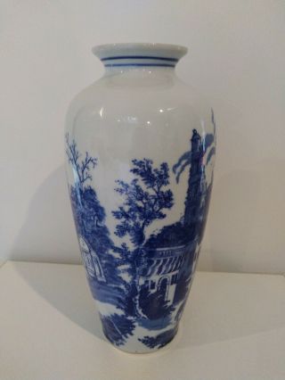 Vintage Chinese Style/Shape Blue And White Vase.  European Scene.  Transfer Print. 2