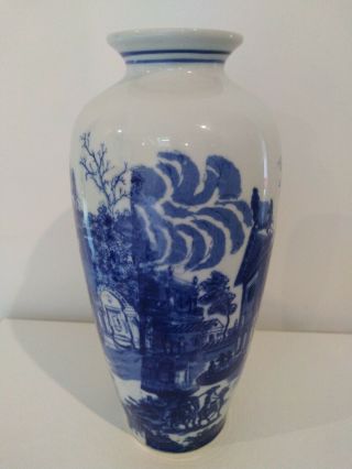 Vintage Chinese Style/Shape Blue And White Vase.  European Scene.  Transfer Print. 3