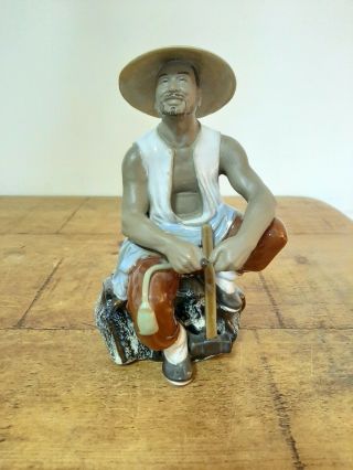 Vintage Chinese Mud Man Figure Figurine Hat Hammer 65 Stamp On Base 7.  5 Inches