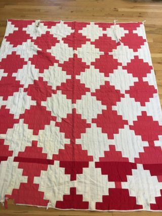 Vintage Strip Stack Quilt Hand Quilted Machine Stitched? 70x82 Red White Loved