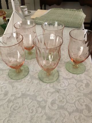 5 Vintage Watermelon Glass Water Goblets - Pink & Green Depression Glass