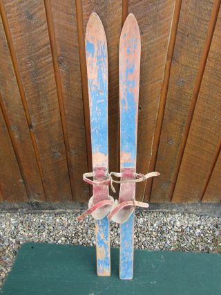 Vintage Hickory Wooden 42 " Skis Has Old Leather Bindings