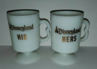 Vtg Disneyland His Hers Mug Souvenir Milk Glass Usa Walt Disney Productions