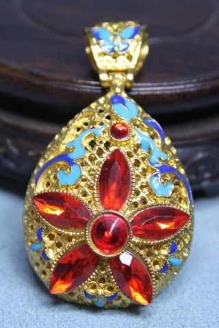 Collectable Souvenir Rare Cloisonne Inlay Red Gem Flower Shape Elegant Pendant