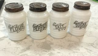 Vintage Set 4 Shakers Milk Glass With Black Print Salt Pepper Flour Sugar