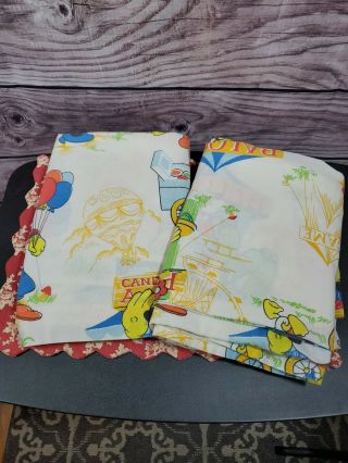 Vintage Set Of 2 Disney Twin Flat Sheets Mickey Donald Duck Goofy Fabric Crafts