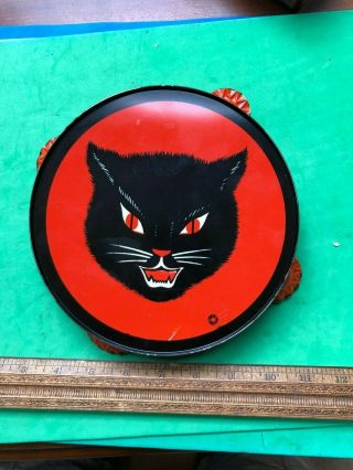 Vintage Halloween Tin Litho Tambourine Noisemaker Black Cat