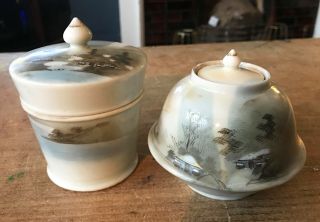 2 X Vintage Japanese Hand Painted Pottery Porcelain Covered Jars