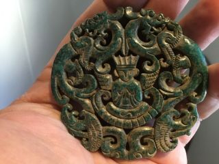 Chinese Spinach Jade Pendant Carved Of Dragons And A Boy