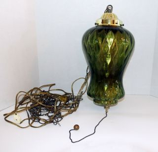 Vintage Retro Mid Century Modern Green Glass Hanging Swag Lamp Light W/ Chain