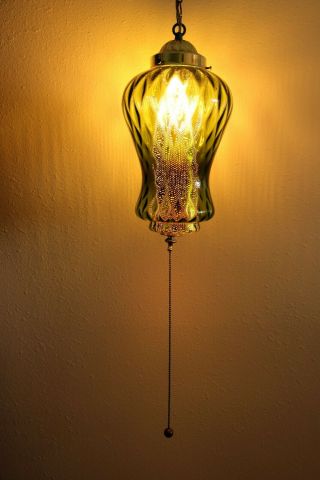 Vintage Retro Mid Century Modern Green Glass hanging Swag Lamp Light w/ Chain 3