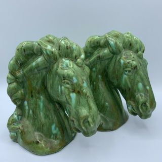 Vintage Mid Century Ceramic Green Horse Head Bookends