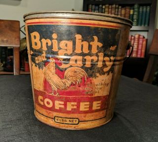 Vintage Bright and Early Coffee Tin Bucket 4 lb.  Lid and Handle Duncan 2