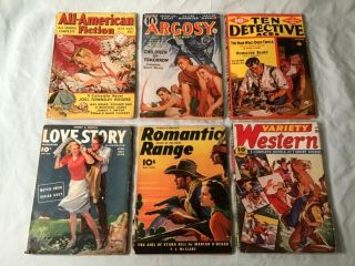 6 Vintage 1930’s Pulp Magazines Variety Western Argosy Ten Detective Aces Etc