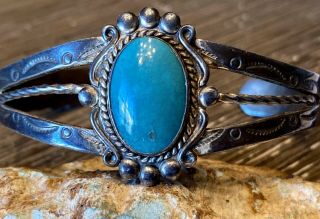 Vintage Navajo Harvey Era Sterling Turquoise Cuff Bracelet Well Preserved