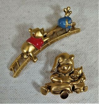 2 Vintage Disney Winnie The Pooh Gold Tone And Enamel Brooch & Pin