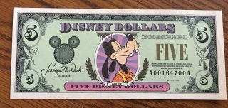 1998 $5 (five Dollar) Disney Dollar Aa Series Goofy Low Number Uncirculated