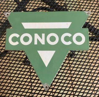 Vintage Conoco Green Triangle Porcelain Metal Gasoline Oil Pump Plate Sign