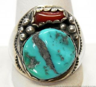 Large Sterling Silver Turquoise Red Coral Mens Ring Vintage Southwest Size 12.  5