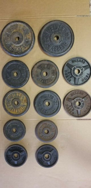 61 Weider Billard Standard 1 " Vintage Weight Barbell Plates 10,  5,  3,  2.  5 Lbs