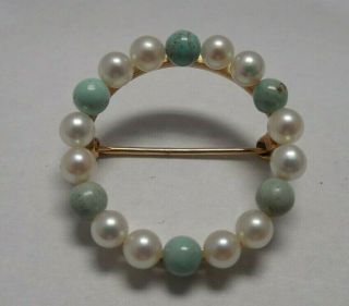 Vintage - Designer Signed - 14k Yellow Gold - Pearl & Turquoise - Circle Pin/brooch
