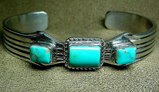 Signed Vintage Old Pawn Navajo Modernist Sterling Silver Turquoise Cuff Bracelet
