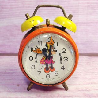 Vintage Walt Disney Minnie Mouse Alarm Clock Bradley Orange Wind Up Germany