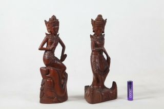 Pair Detailed Vintage Hand Carved Wood Bali Indonesian Woman Statues