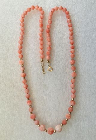 Vtg Chinese Angel Skin Carved Coral 14k Gold Hand Knotted Bead Necklace.  19.  6 Gms