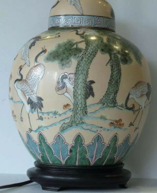 Chinese Famille Rose Ginger Jar Lamp Vintage Chinese Lamp Ground Peach W/ Cranes