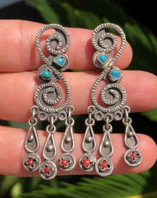 Vtg 1940s Mexican Sterling Silver Turquoise & Coral Matl Dangle Earrings 2 3/8 "