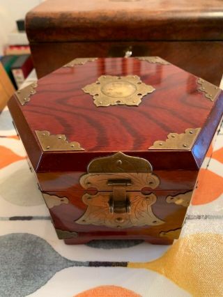 Vintage Jewellery Box Hexagon In Shape With 4 Lined Storage Compartments