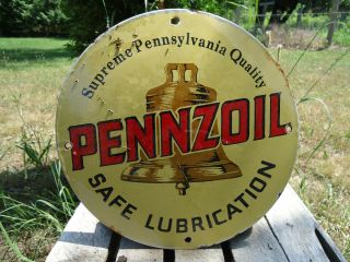 Old Vintage 1950s Pennzoil Motor Oil Fuel Porcelain Enamel Gas Pump Station Sign