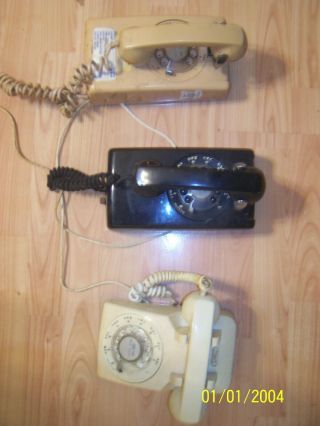Three Vintage Yellow,  Black,  Brown Rotary Dial Desk/wall Phones 1969