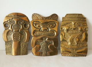 3 Vintage Mexican Hammered Brass Wall Hanging Gods Totem Aztec 70s Boho 9 "
