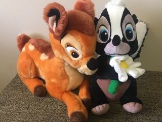 Set Of 2 Disney Store Plush Toys Stuffed Animals Baby Bambi Fawn,  Flower Skunk