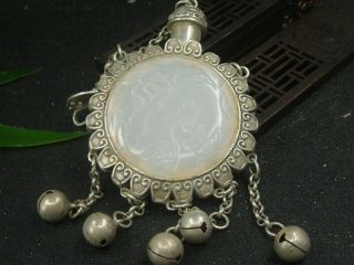 Chinese Antique Celadon Nephrite Hetian Jade Sterling Silver Statue/pendant575