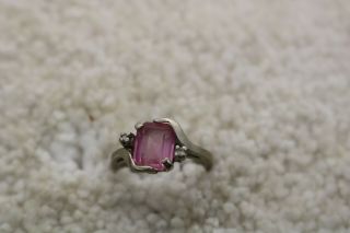 Vintage 10k White Gold Cocktail Ring Pink Sapphire Stone Signed Small Size 2.  75